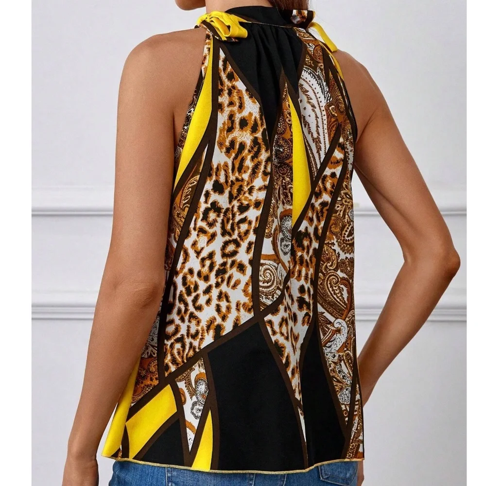 Leopard Print Color Block halter Neck Tie Tank Top - Picture 6 of 9